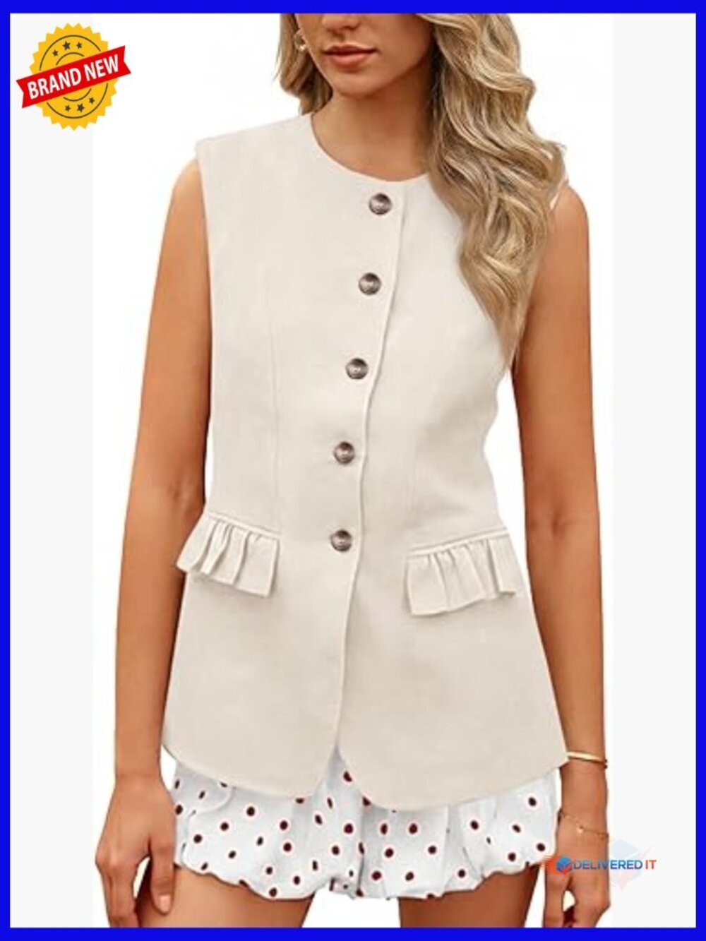 Womens Sleeveless Blazer Vest Tops with Flap Pockets Crew Neck Casual
